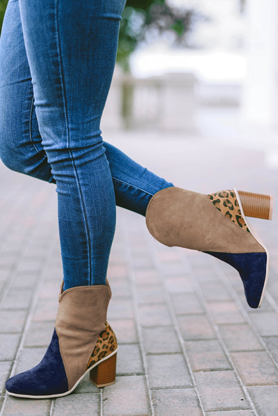 Leopard Print Color Block Patchwork Heeled Boots-Shoes & Bags-MomFashion