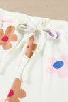 White Floral Long Sleeve Henley Top and Drawstring Shorts Set-Loungewear-MomFashion