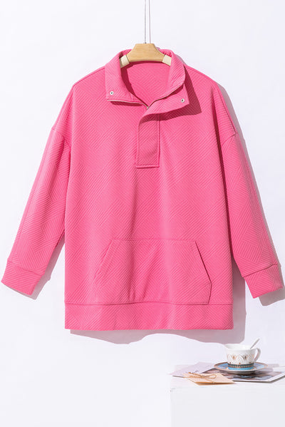 Bright Pink Textured Zipped Neckline Kangaroo Pocket Sweatshirt-Tops-MomFashion