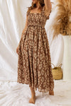 Brown Ruffled Straps Smocked Floral Maxi Dress-Dresses-MomFashion