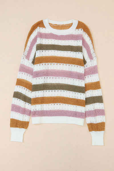 Multicolor Striped Hollowed Knitted Loose Sweater-Tops-MomFashion