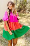 Multicolor Color Block Tiered Puff Sleeve Dress-Dresses-MomFashion