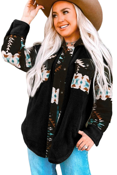 Black Western Aztec Print Accent Fleece Shacket-Outerwear-MomFashion