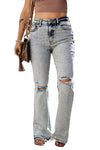 Light Blue Distressed Light Washed Slit Knee Flared Jeans-Bottoms-MomFashion