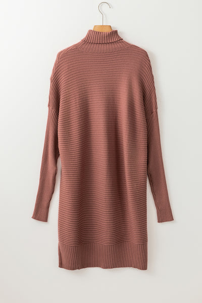 Mineral Red Turtleneck Ribbed Knit Tunic Sweater-Tops-MomFashion