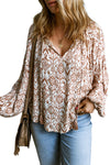 Apricot Western Print Balloon Sleeve Tassel Blouse-Tops-MomFashion