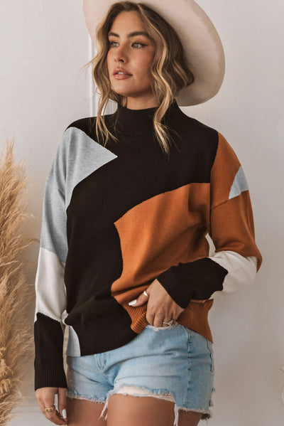 Orange Color Block Mock Neck Drop Shoulder Knit Sweater-Tops-MomFashion