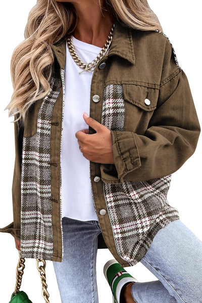 Brown Plaid Patchwork Pockets Denim Jacket-Outerwear-MomFashion