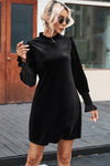 Black Velvet Frill Neck Long Sleeve Shift Dress-Dresses-MomFashion