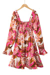 Rose Floral Print Smocked Square Neck Bubble Sleeve Dress-Dresses-MomFashion