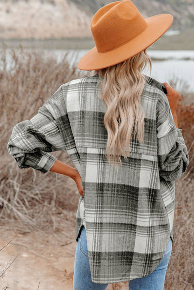 Medium Grey Plaid Flap Pockets Shacket-Outerwear-MomFashion