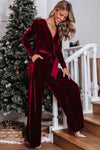 Fiery Red Velvet Pocketed Cut out Back Wide Leg Jumpsuit-Bottoms-MomFashion