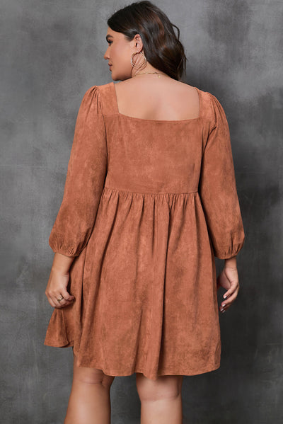 Chestnut Plus Size Suede Square Neck Balloon Sleeve Dress-Plus Size-MomFashion