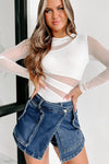 White Mesh Splicing Back Cutout Long Sleeve Bodysuit-Tops-MomFashion