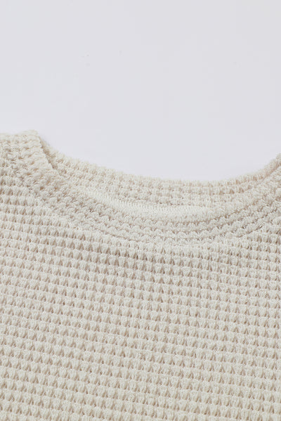 Beige Sunflower Mesh Bubble Sleeve Waffle Knit Top-Tops-MomFashion