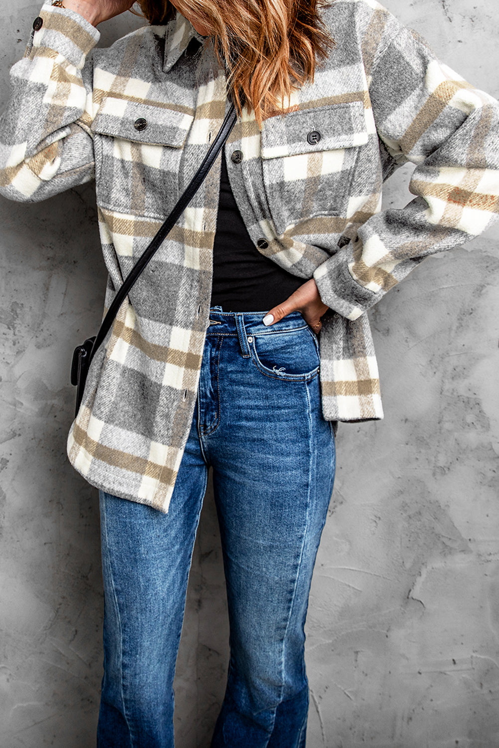Brown Plaid Print Pocket Women Shacket-Outerwear-MomFashion