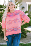 Rose Colorful Stripes 3/4 Sleeve Loose Sweater-Tops-MomFashion