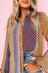 Brown Dot Print Long Sleeve Button Down Shift Shirt-Tops-MomFashion