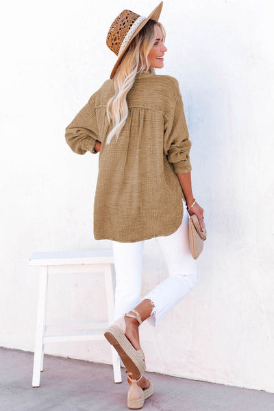 Brown Crinkle Textured Loose Henley Top-Tops-MomFashion