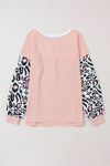 Pink Leopard Sleeve Patchwork Waffle Knit Top-Tops-MomFashion