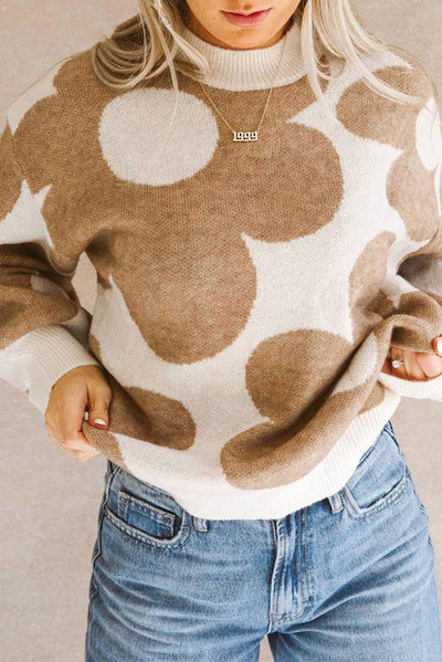 Khaki Big Flower Pattern Drop Shoulder Sweater-Tops-MomFashion