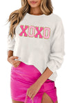 White XOXO Glitter Print Round Neck Casual Sweater-Tops-MomFashion