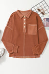 Chestnut Waffle Exposed Seam Pocket Henley Sweatshirt-Tops-MomFashion