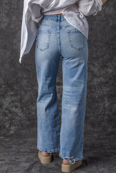 Light Blue High Rise Distressed Straight Leg Jeans-Bottoms-MomFashion