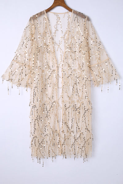 White Sequin Sheer Long Sleeve Open Front Kimono-Outerwear-MomFashion