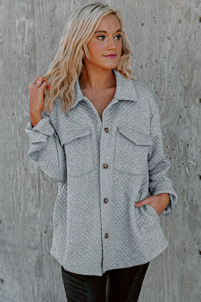 Gray Retro Quilted Flap Pocket Button Shacket-Outerwear-MomFashion