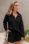 Black Ribbed Zipper Sweatshirt and High Waist Shorts Set-Loungewear-MomFashion