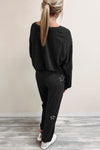 Black Stars Print Long Sleeve Drawstring High Waist Lounge Set-Loungewear-MomFashion