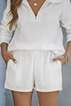 White Ribbed Zipper Sweatshirt and High Waist Shorts Set-Loungewear-MomFashion