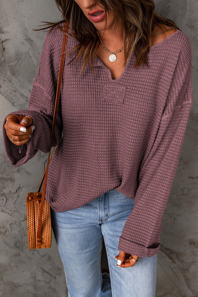 purple Waffle Knit Loose Long Sleeve Top-Tops-MomFashion