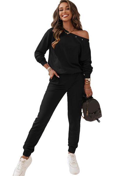 Black Beaded Decor Pullover and Jogger Pants Set-Loungewear-MomFashion