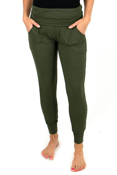 Green High Waist Pleated Pocket Leggings-Bottoms-MomFashion