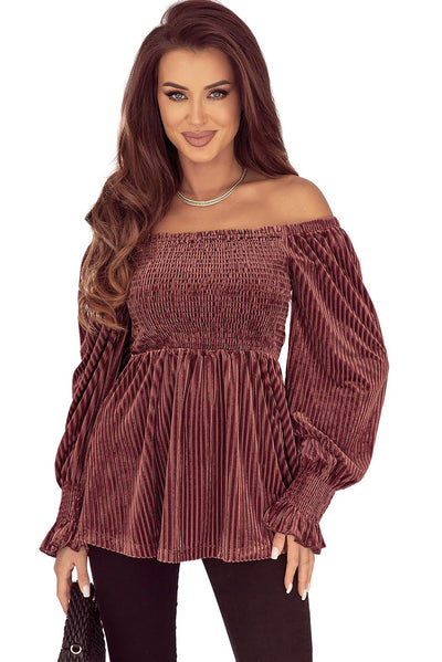 Pink Smocked Ribbed Velvet Babydoll Top-Tops-MomFashion