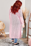 Pink Sheer Knitted Long Side Slit Plus Size Cardigan-Plus Size-MomFashion