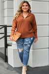 Brown Solid Ribbed Trim Plus Size Zip Collar Sweater-Plus Size-MomFashion