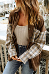 Brown Plaid Patchwork Corduroy Shirt Jacket with Pocket-Outerwear-MomFashion