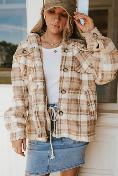 Khaki Sherpa Plaid Button Pocketed Jacket-Outerwear-MomFashion