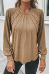 Light French Beige Contrast Lace Raglan Sleeve Plicate Round Neck Top-Tops-MomFashion