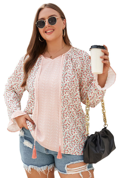 Pink Dotty Floral Patchwork Plus Size Long Sleeve Blouse-Plus Size-MomFashion