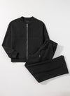 Black Solid Seamed Zipper Jacket and Drawstring Waist Pants Set-Two Piece Sets/Pant Sets-MomFashion