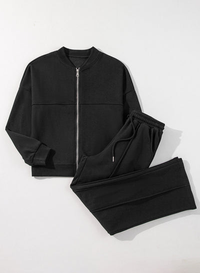 Black Solid Seamed Zipper Jacket and Drawstring Waist Pants Set-Two Piece Sets/Pant Sets-MomFashion