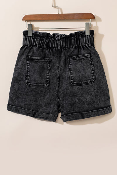Black Vintage Washed Frilled High Waist Denim Shorts-Bottoms-MomFashion