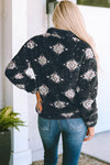 Black Aztec Pattern Zipper Collared Sherpa Jacket-Outerwear-MomFashion