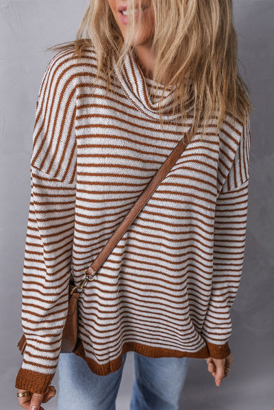 Brown Striped Turtleneck Loose Sweater-Tops-MomFashion