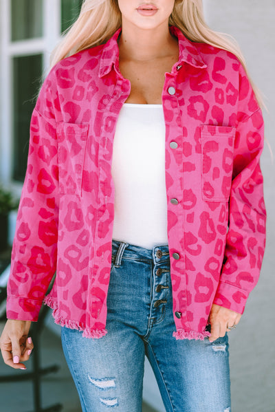 Pink Leopard Print Button Cuffs Raw Hem Jacket-Outerwear-MomFashion