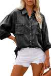 Black Mineral Wash Crinkle Textured Chest Pockets Shirt-Tops-MomFashion